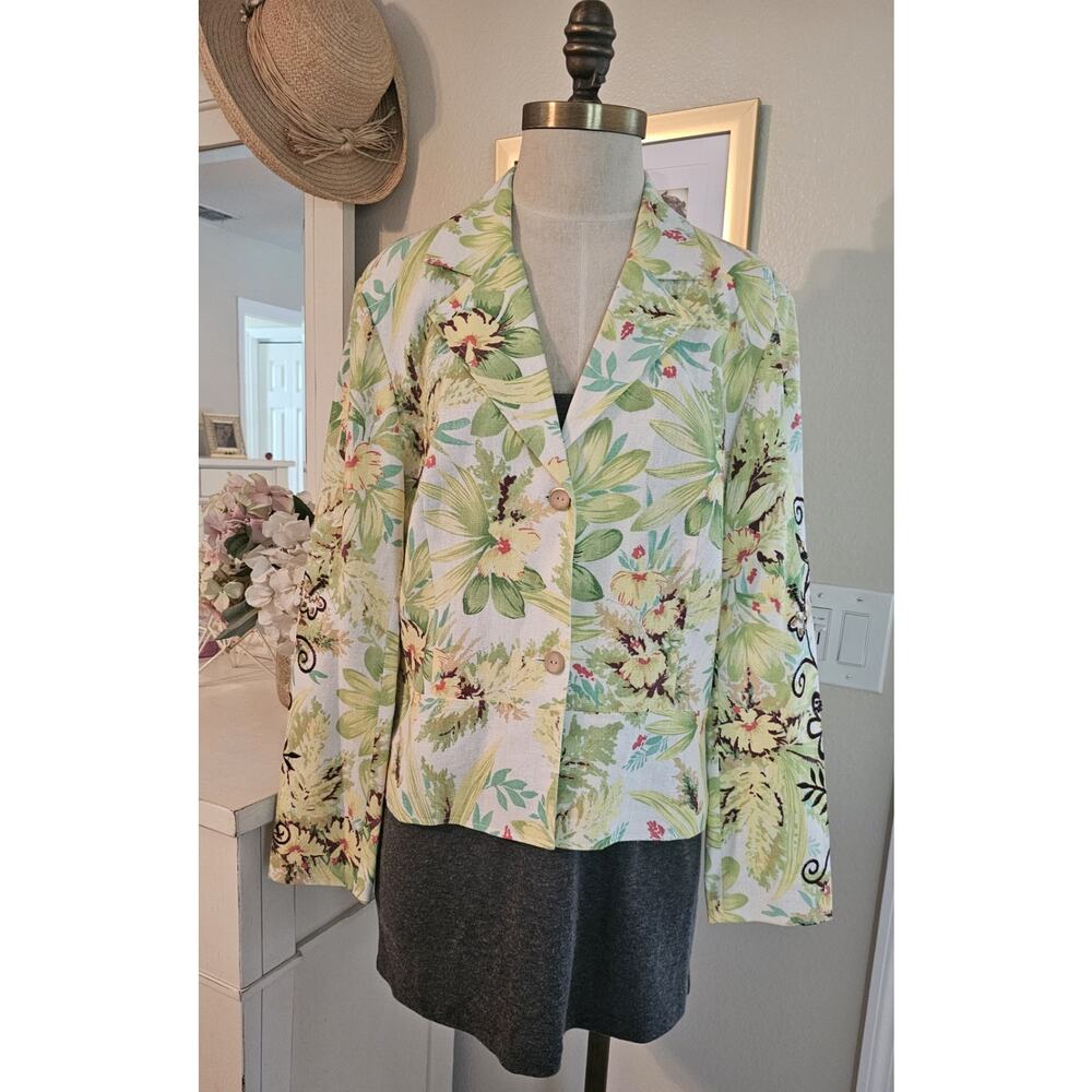 Coldwater Creek Blazer Jacket Colorful Floral Embroidered Beaded Linen Rayon L